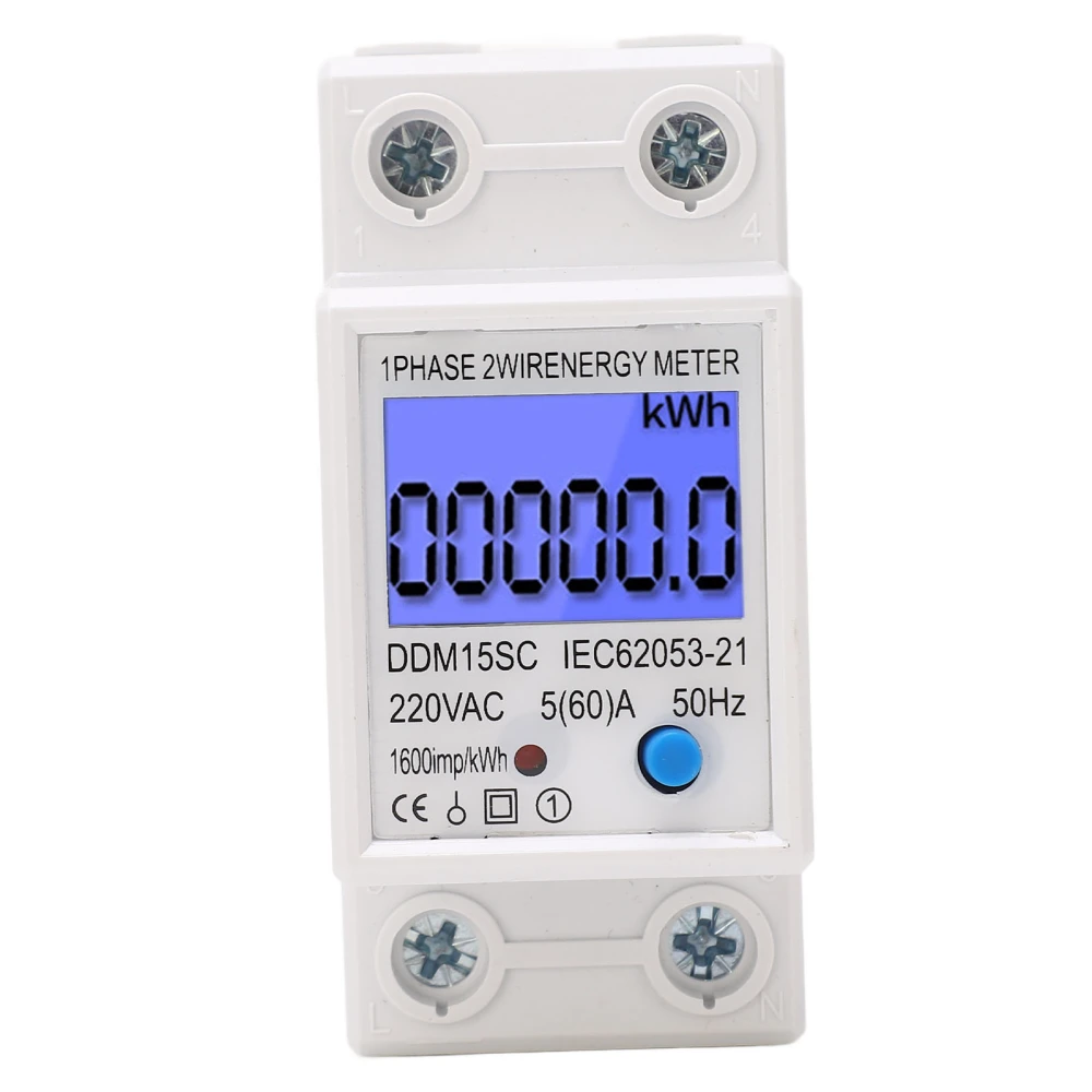 LCD Digital Energy Meter Single Phase 2P Electricity Usage Monitor DIN Rail Electric Tester 5A 220VAC