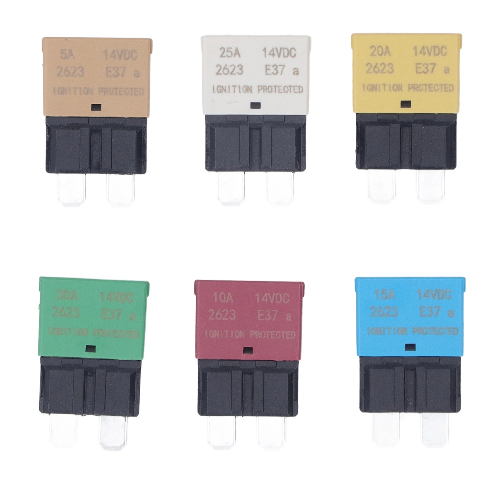 6Pcs Automatic Reset Blade Fuse Assortment Kit E37 ATM Mini Circuit Breaker Protector 5A 10A 15A 20A 25A 30A 14VDC