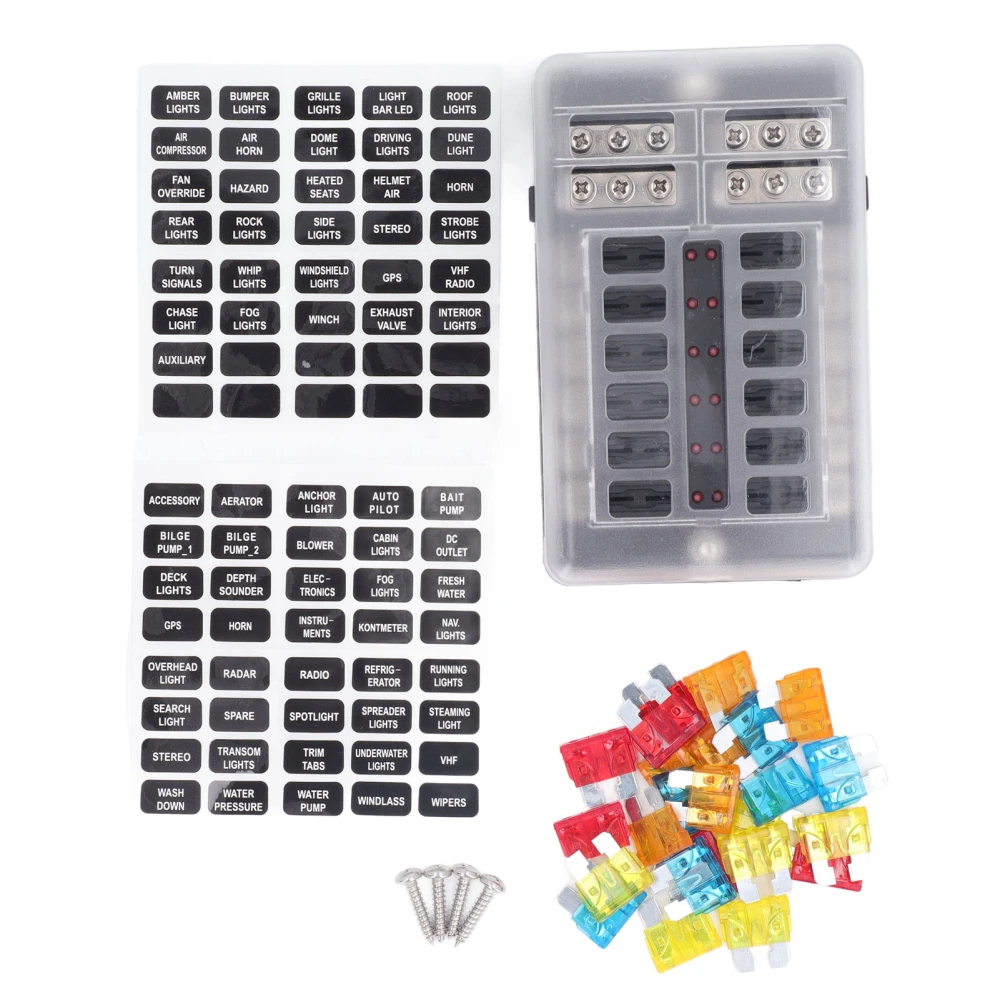 12 Way Fuse Box with LED Indicator DC12‑32V Waterproof Circuit Blade Fuse Holder for 12V 24V Car and Boat