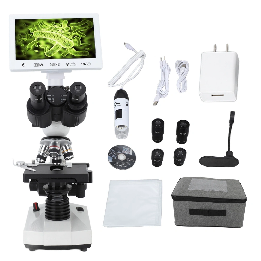 Trinocular Microscope 7 Inch Screen 40X To 1600X Magnification Biological Microscope with Mechanical Platform 100‑240V US Plug