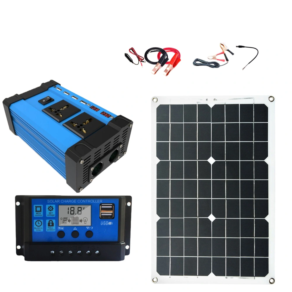 Solar Power System Kit 500W DC12V To AC110V Inverter Blue with 30A 12V 24V Charge Controller and 18W 18V Solar Panel