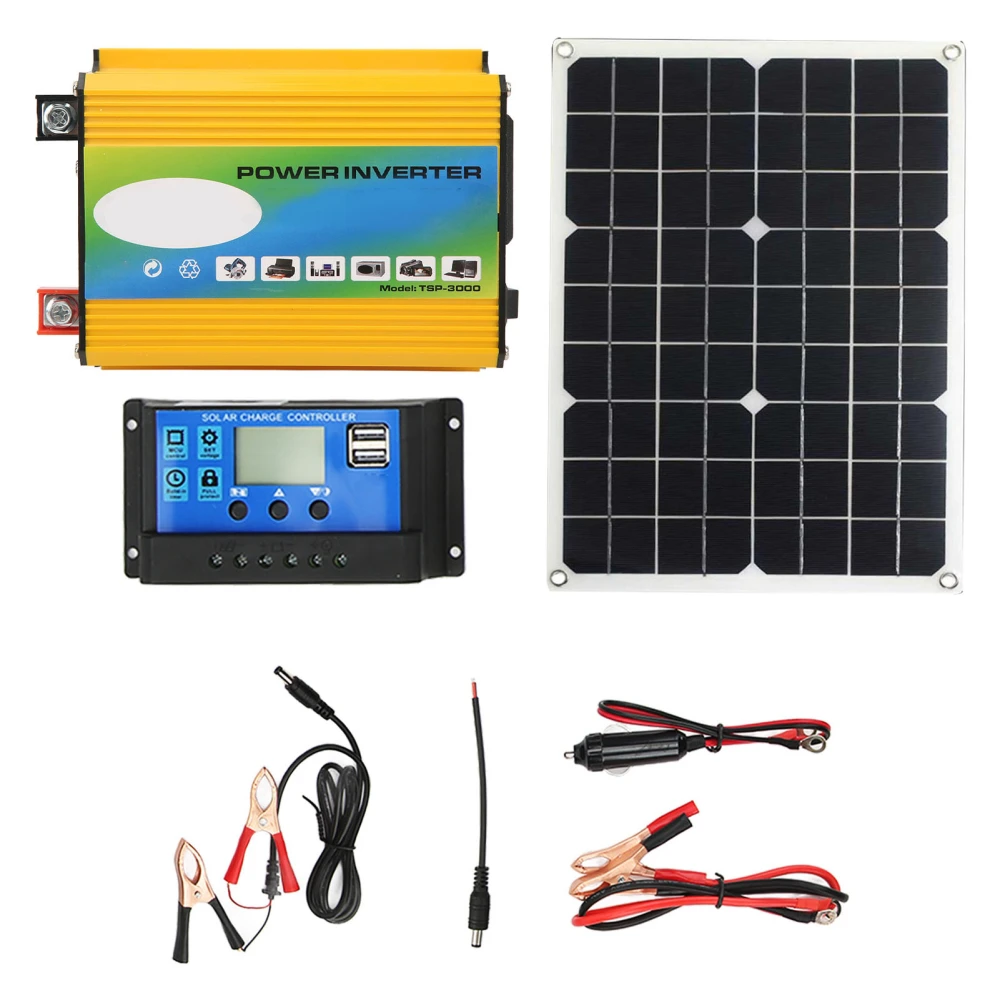 Solar Power System Multiple Protection Functions 300W Inverter 30A 12V 24V Controller 18W18V Solar Panel Kit