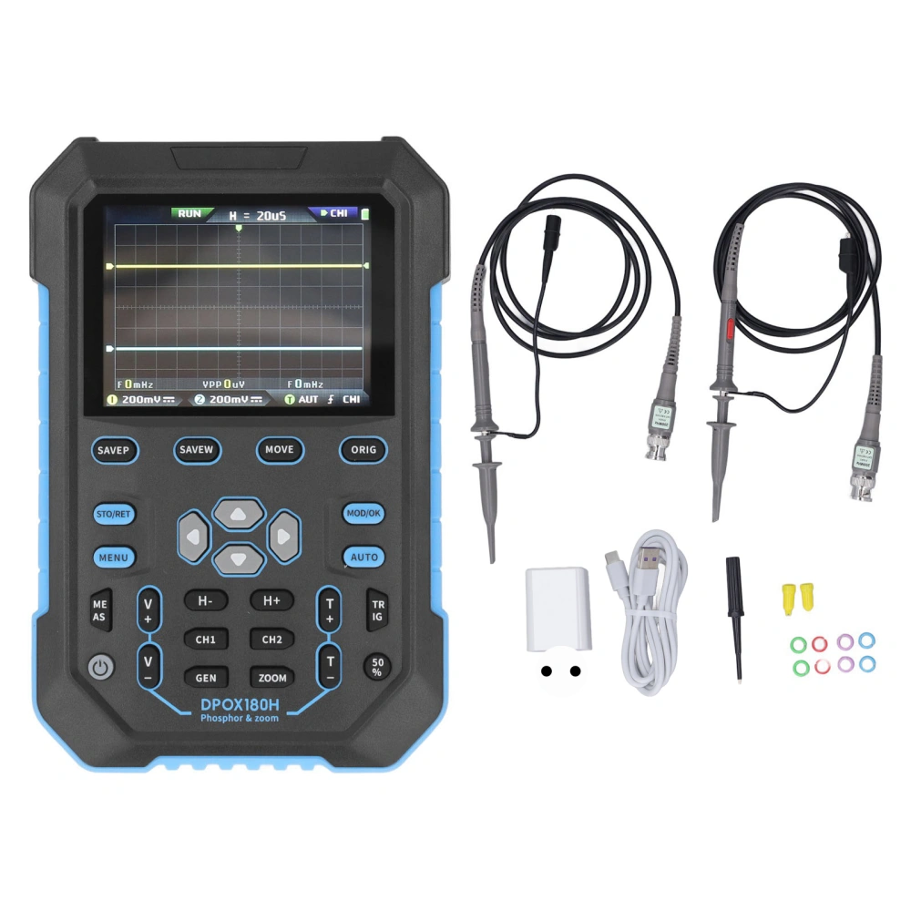 Digital Oscilloscope 2 Channel 180Mhz Bandwidth Signal Generator Handheld 500MSPS Sampling Rate Blue AC100‑240V EU Plug