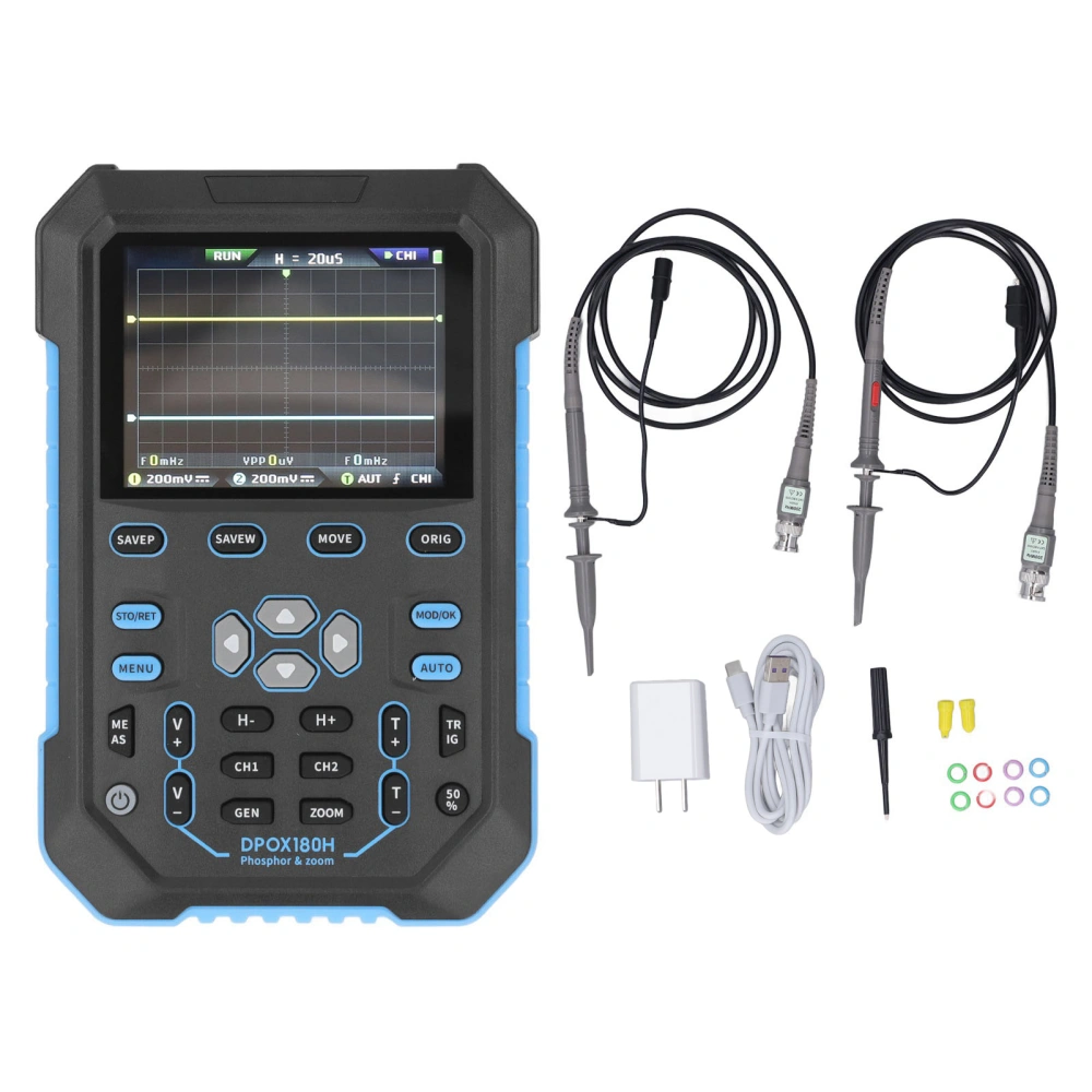 Digital Oscilloscope 2 Channel 180Mhz Bandwidth Signal Generator Handheld 500MSPS Sampling Rate Blue AC100‑240V US Plug