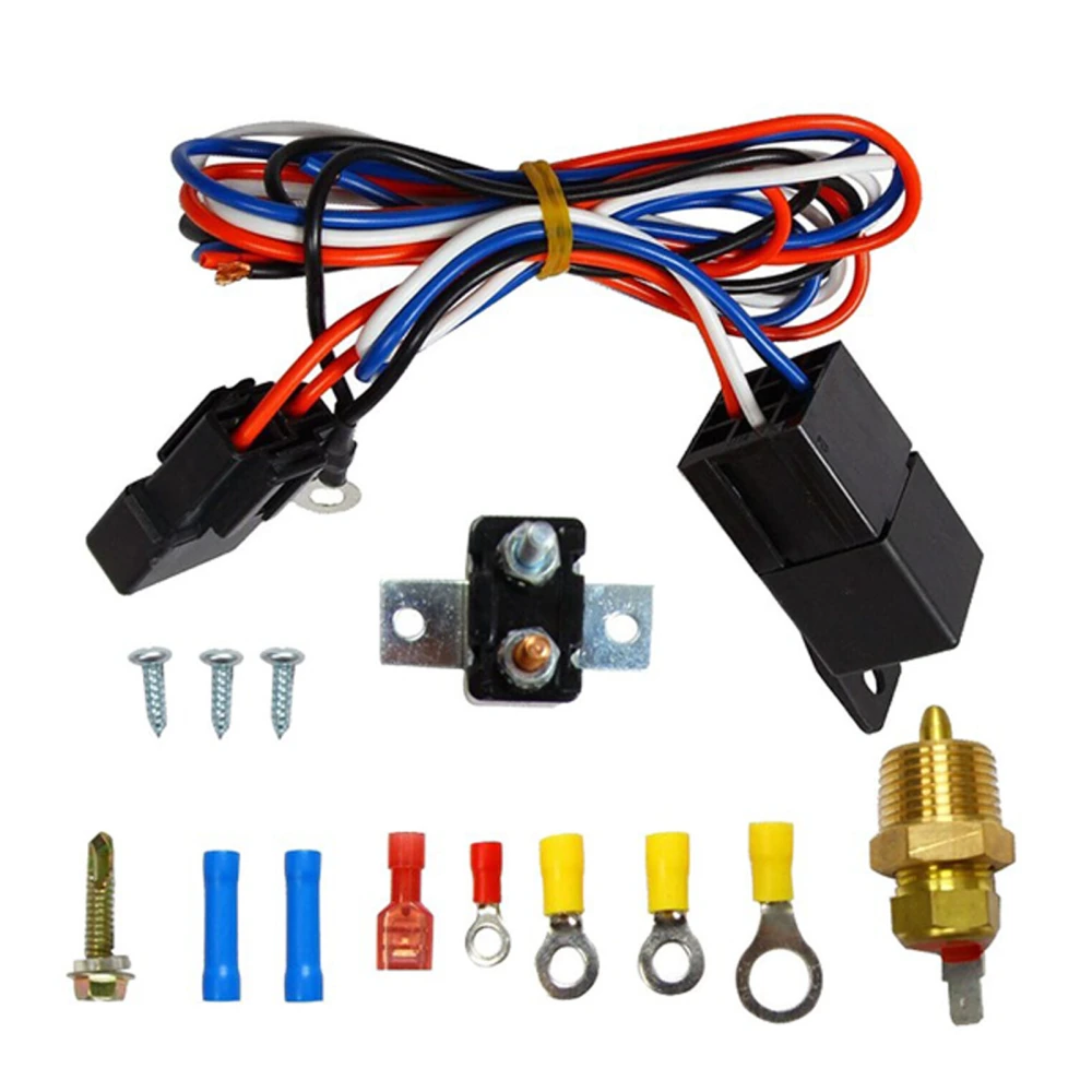 3/8 Inch Electric Cooling Fan Wire Harness Kit 185 On 175 Off Waterproof Relay Temperature Switch Sensor 12V 40A