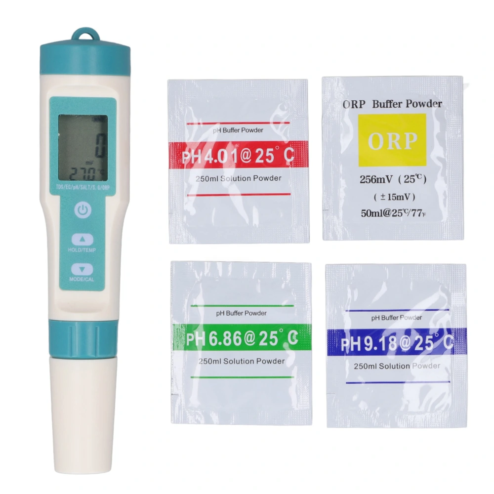 6 in 1 Water Quality Tester PH EC TDS SALT SG ORP Test Pen Multifunctional Water Detector with Powder Packs