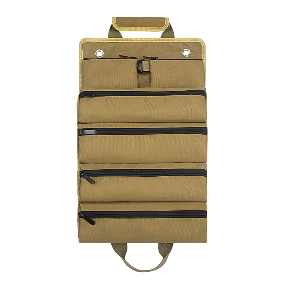 Hardware Tool Bag Portable Roll Up Tool Organizer Oxford Cloth Storage Bag with 2 Detachable Pouches Khaki