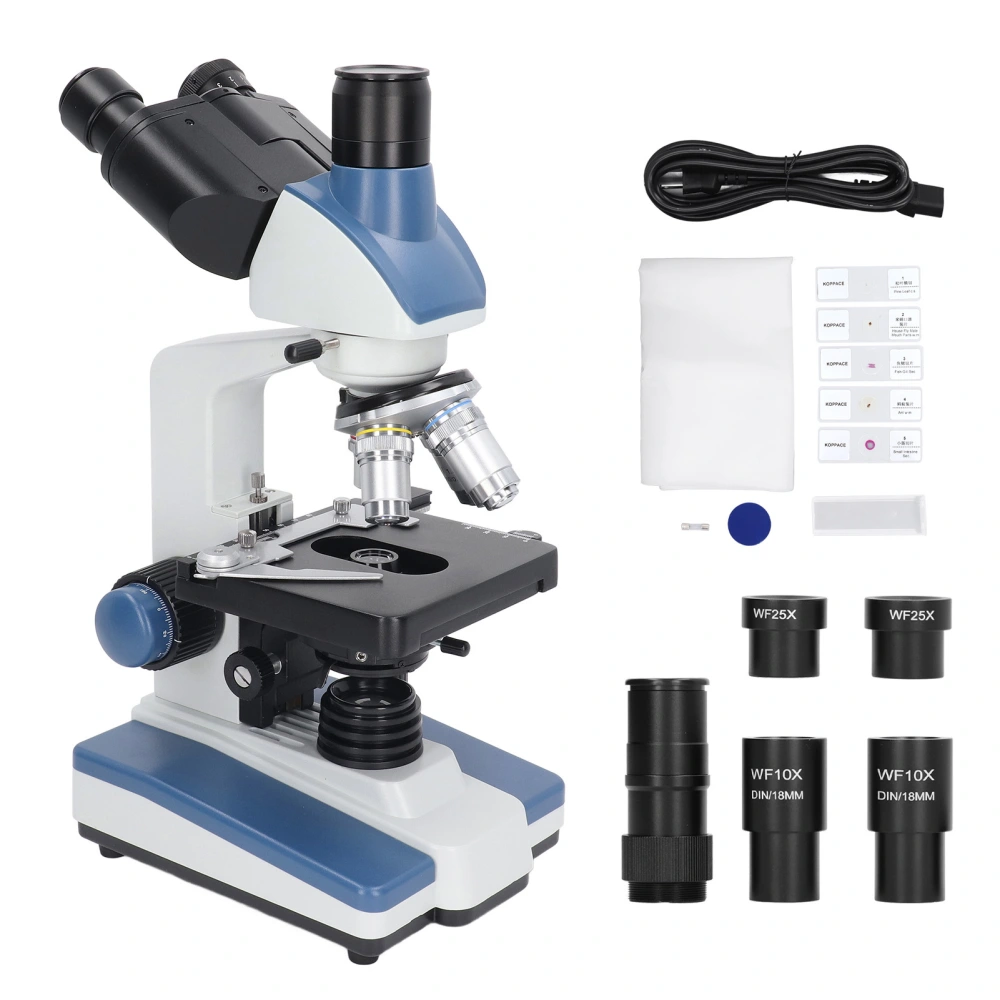 Trinocular Microscope 40X to 2500X Aluminum Alloy Biological Microscope for Medicine Health Institutions AC85V‑240V US Plug