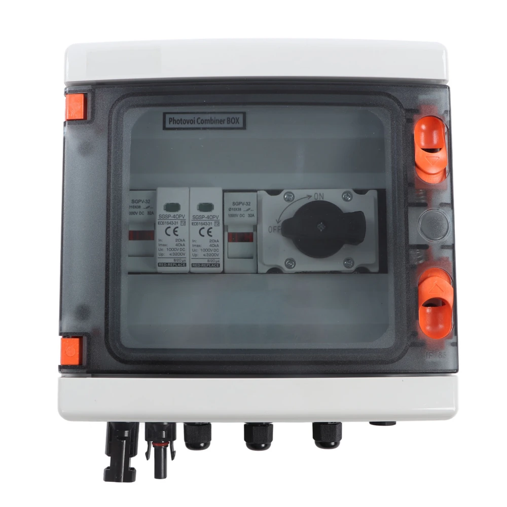 Solar PV Combiner Box IP65 Waterproof 1 in 1 Out Photovoltaic Combiner Box with Disconnect Switch 1000V 32A