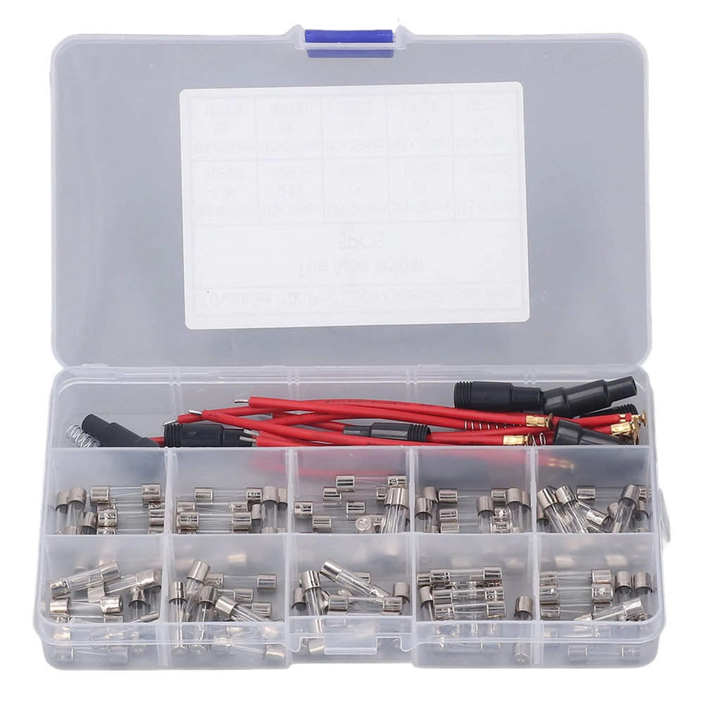 100Pcs Glass Fuse Tube 0.2A‑20A 10 Types 5x20mm Assortment Set Kit for Circuit Protection