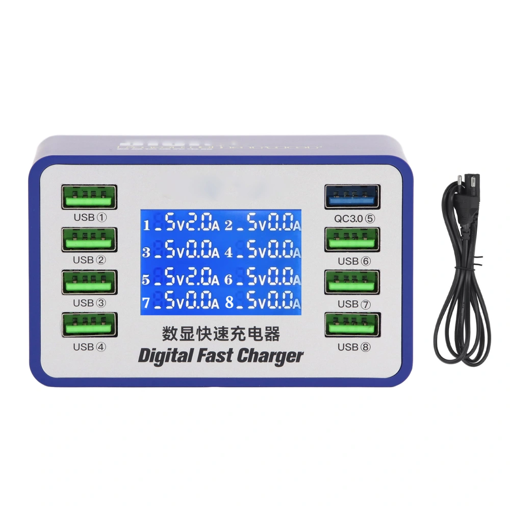 USB Charger PWM Power Chip Automatic Detection Technology 8 Ports QC3.0 USB A Digital Display Charger 50W