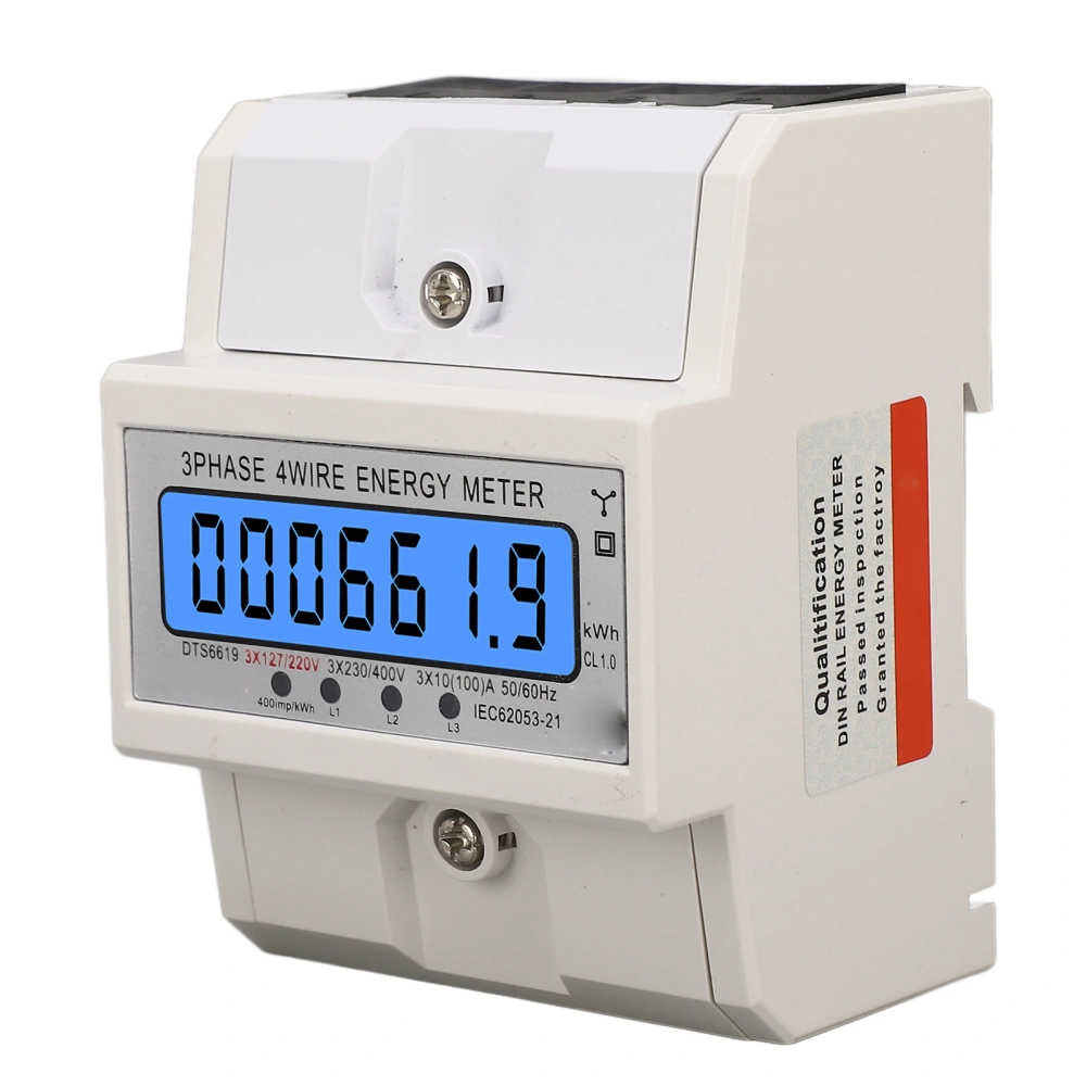 Digital Energy Meter 3 Phase 4 Wire KWh Electricity Wattmeter DIN Rail Backlight LCD Display 3x127/220VAC 10‑100A