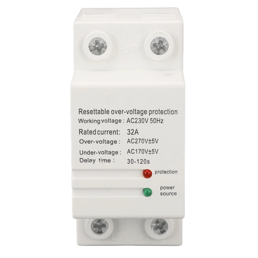 32A AC230V 50Hz Overvoltage Undervoltage Protector DIN Rail Mounting Auto Reset Over Voltage Protective Device Bottom In Upper Out