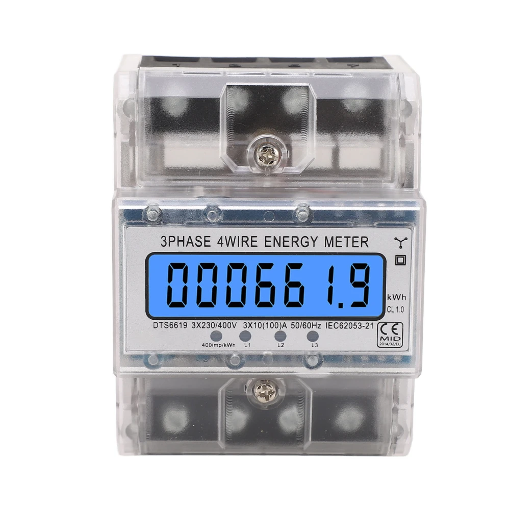 Energy Meter 3 Phase 4 Wire Backlit LCD Display DIN Rail Installation Electricity Meter 10‑100A 230 400VAC