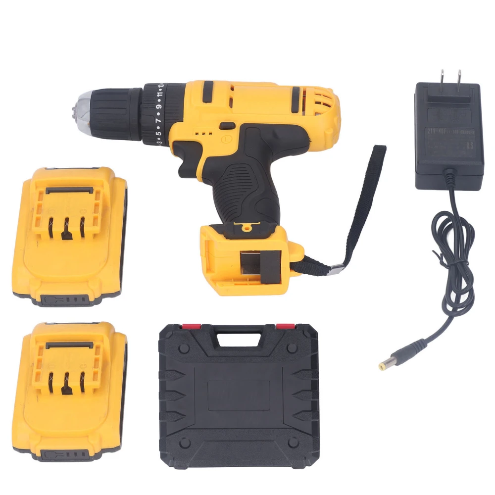 Small Cordless Drill Lithium Brushless with 2 Batteries Charger 3/8in Chuck 2 Variable Speed for Wood Metal AC100‑240V US Plug