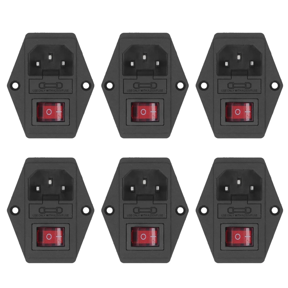 6Pcs Module Plug Inlet Male Power Socket with 10A Fuse Switch Indicator AC250V 3 Pin IEC320 C14 Interface