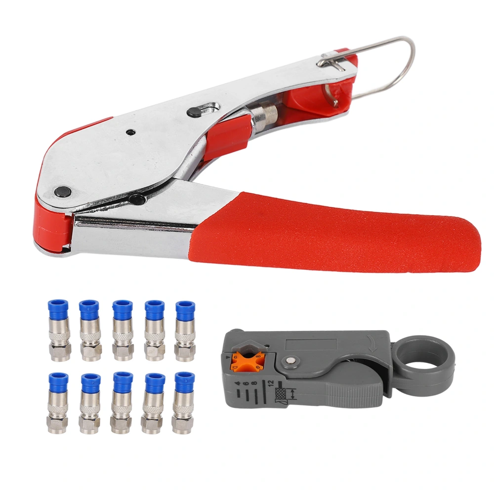 Coaxial Cable Crimping Tool Kit Tool Steel Cable Crimper and Stripper with 10 Pcs F Compression Connectors