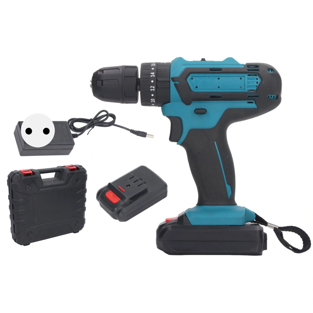 Cordless Drill 2 Gear Speed 3/8 24 UNF Keyless Chuck Portable Hand Electric Drill with 2 Batteries AC100‑240V EU Plug