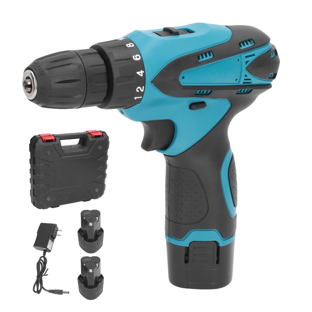 Small Cordless Drill 12V Electric Power Driver with 2 Batteries Charger 350In‑lb Torsion 3/8in Chuck 2 Speed AC110‑240V US Plug