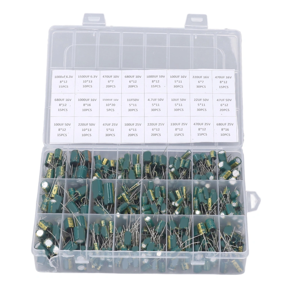 460Pcs Electrolytic Capacitor Kit Inline Aluminum Electrolytic Capacitor Assortment Kit 6.3V‑50V Green