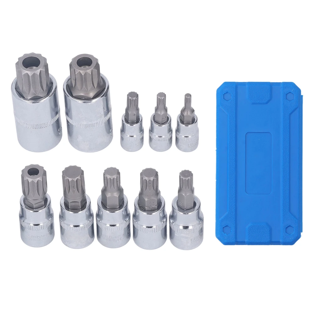 10 Pcs Triple Square Spline Bit Socket M4 To M18 1/4in 3/8in 1/2in Drive CR V Bit Socket Set with Storage Box