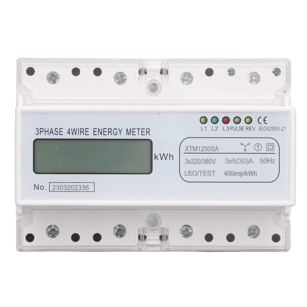 7 Digit LCD Electric Energy Meter 35mm DIN Rail Mounting 3 Phase 4 Wire Electricity Usage Monitor 3x5(30)A