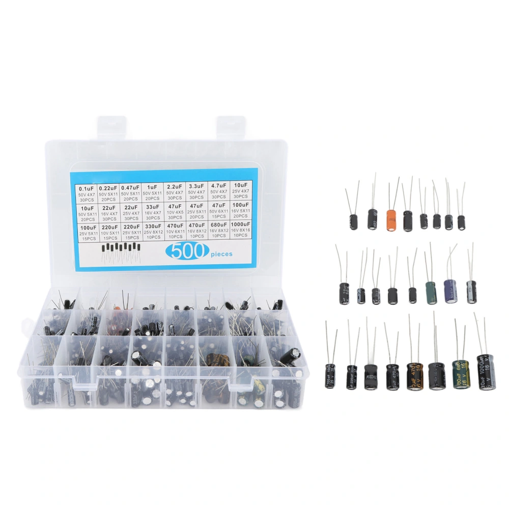 500Pcs Electrolytic Capacitor 0.1uF‑1000uF 16V‑50V 24 Values Aluminium Capacitor Assortment