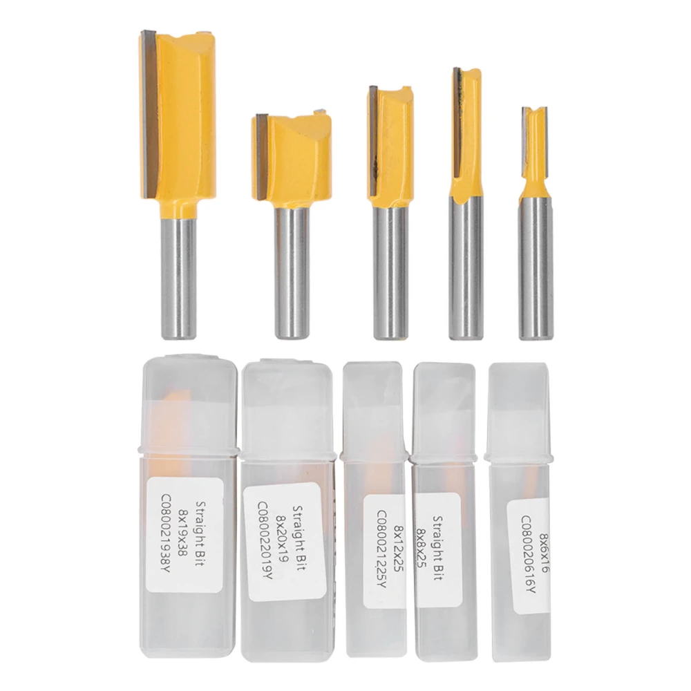 5Pcs Straight Router Bit Set Carbide Tipped 2 Flute Cut Bits for Trimming Cutter Yellow