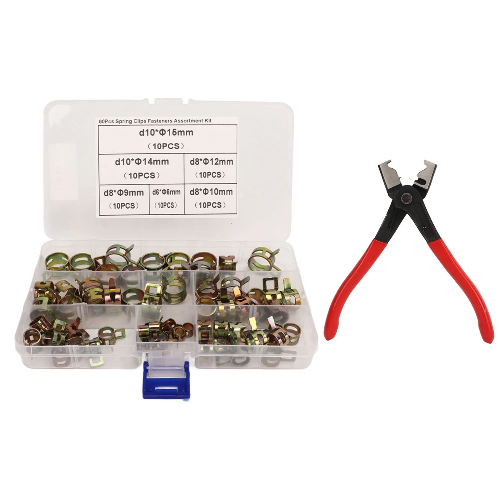 60Pcs Ear Hose Clamp with Plier Storage Box Labor Saving Portable Pipe Ear Clamp Kit for Maintenance