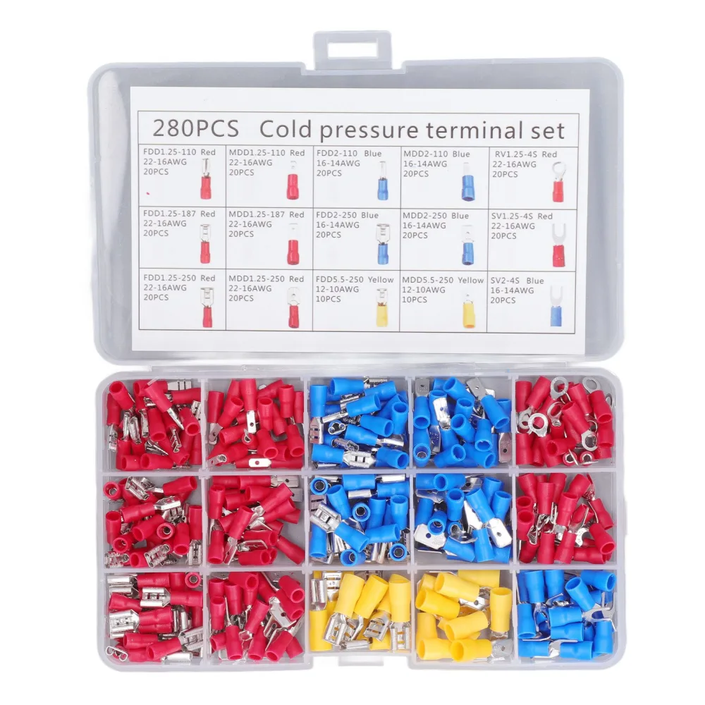 280Pcs Cold Pressed Terminal Brass Core Insulated Sheath Good Conductivity Ring Fork Terminal Kit for Automobile Ship