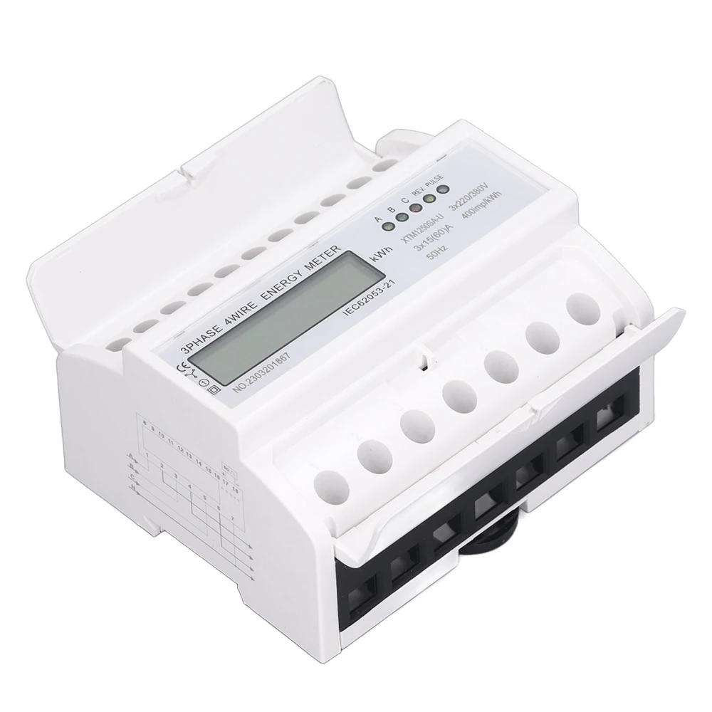 Energy Meter 3 Phase Electricity Usage Monitor LCD Display DIN Rail Mounting Power Meter 3x15A DC3x220V 380V