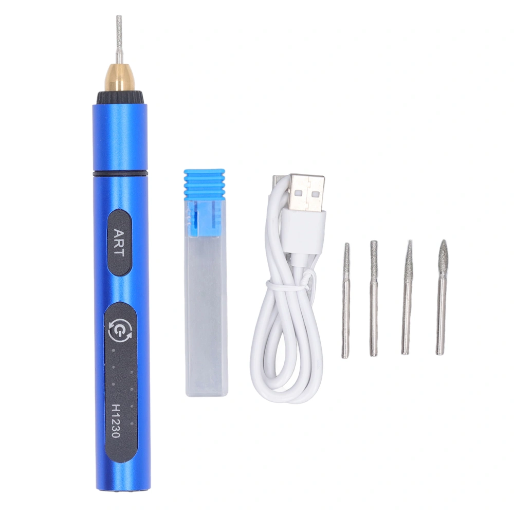 Electric Engraving Pen Aluminum Alloy Mini USB Rechargeable Portable Engraver Machine with 4 Heads 5V Blue