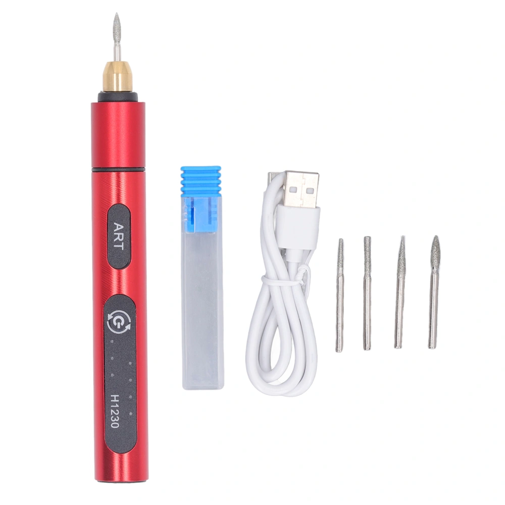 Electric Engraving Pen Aluminum Alloy Mini USB Rechargeable Portable Engraver Machine with 4 Heads 5V Red