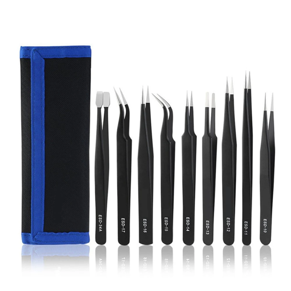 9PCS Antistatic Tweezers Assortment Stainless Steel Multifunctional Tweezers Set for Electronic Repair