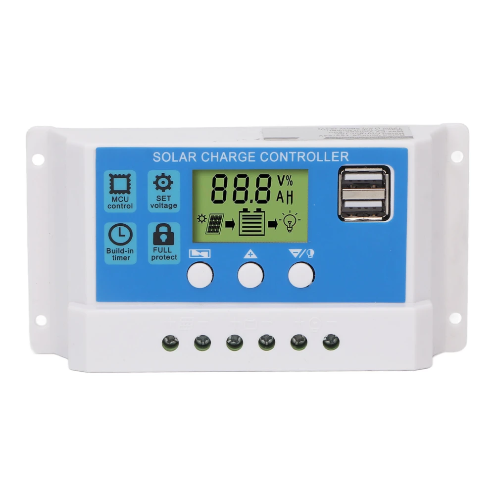 PWM Solar Charge Controller Panel Intelligent Regulator Adjustable LCD Display 2 USB Port 12V 24V White 30A