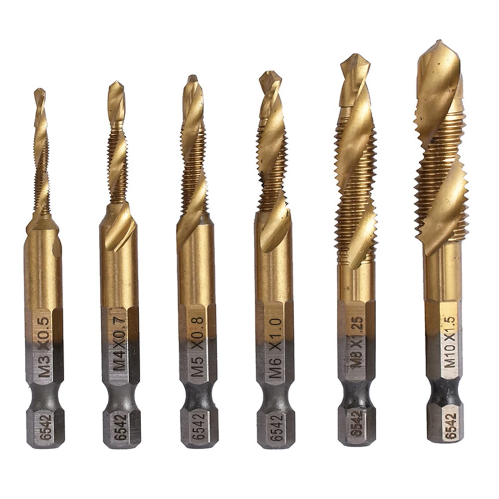 6Pcs Metric Combination Drill Tap Bit Kit Robust Titanium Plating High Speed Steel Tap Bit Set M3 M4 M5 M6 M8 M10