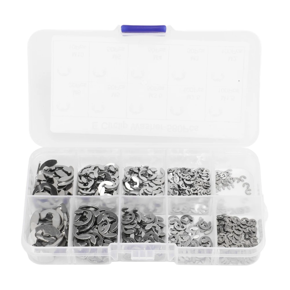 580Pcs E Circlip Washer Set with Storage Box Stainless Steel Firm Fixing E Type Retaining Washer Silver