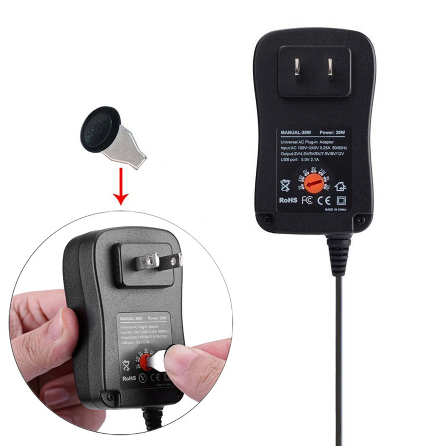 Power Supply Universal Adapter Wear Resistant Plastic Adjustable Power Adapter 2A 3-12V US Plug 30W