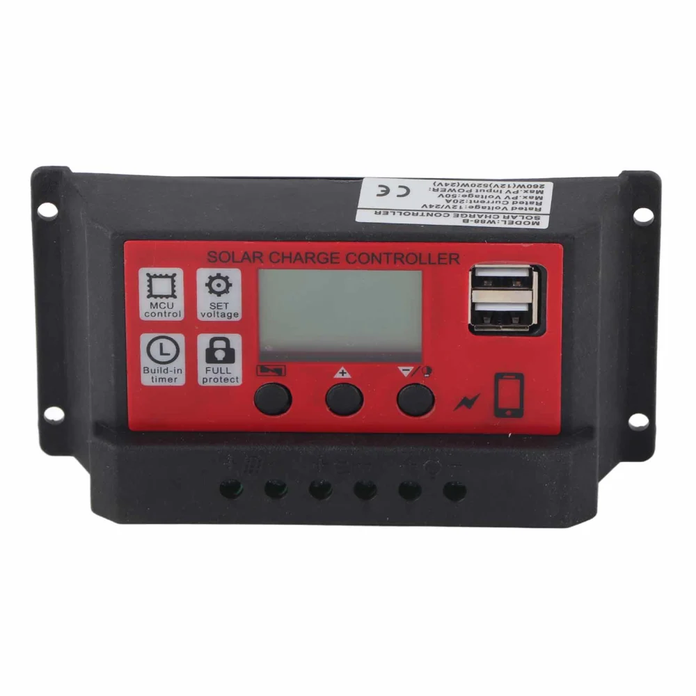 Solar Charge Controller Adjustable Solar Panel Battery Intelligent Regulator with LCD Display 12V 24V20A