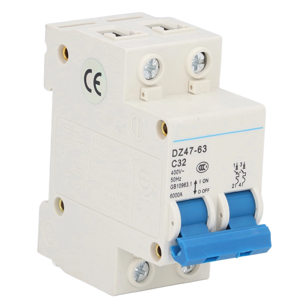 Miniature Circuit Breaker 2P Residual Current Isolator DIN Rail Mount 400V 32A DZ47‑63 C32