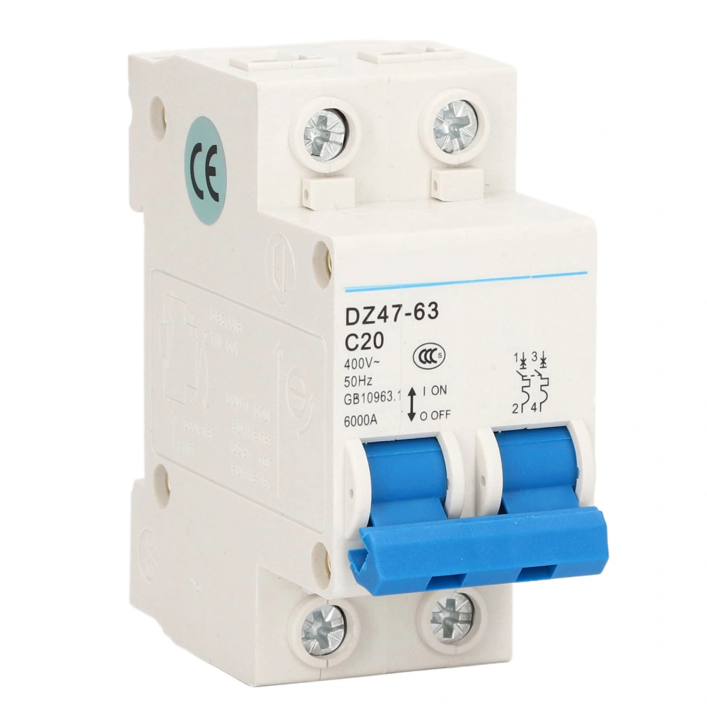 Miniature Circuit Breaker 2P Residual Current Isolator DIN Rail Mount 400V 20A DZ47‑63 C20