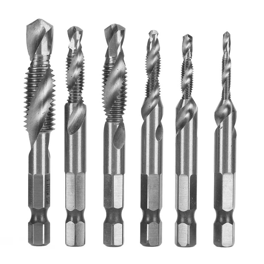 6Pcs Drill Tap 1/4in Hex Shank Spiral Bit Set Kit for Drilling Tapping ChamferingSilver