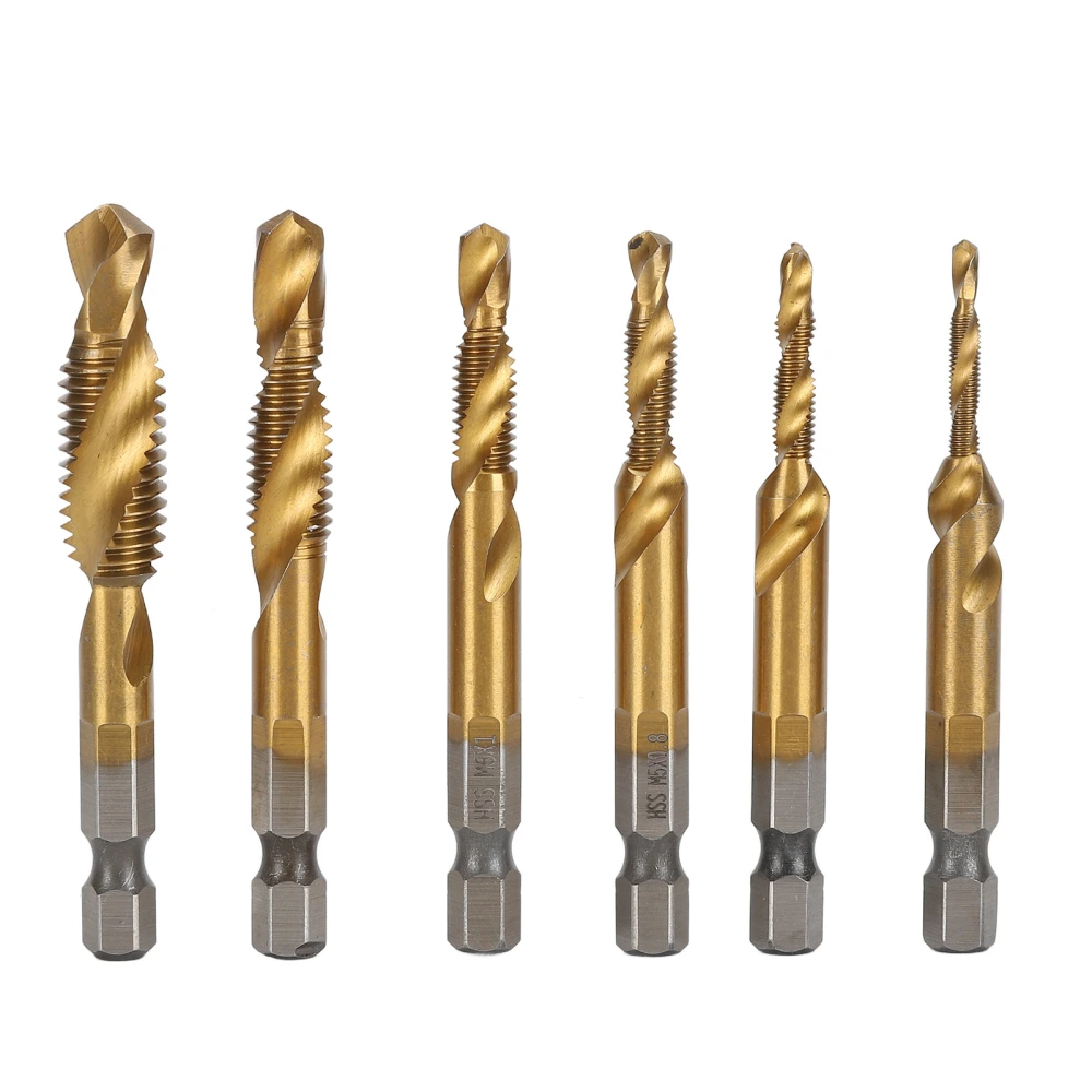 6Pcs Drill Tap 1/4in Hex Shank Spiral Bit Set Kit for Drilling Tapping ChamferingTi Plated