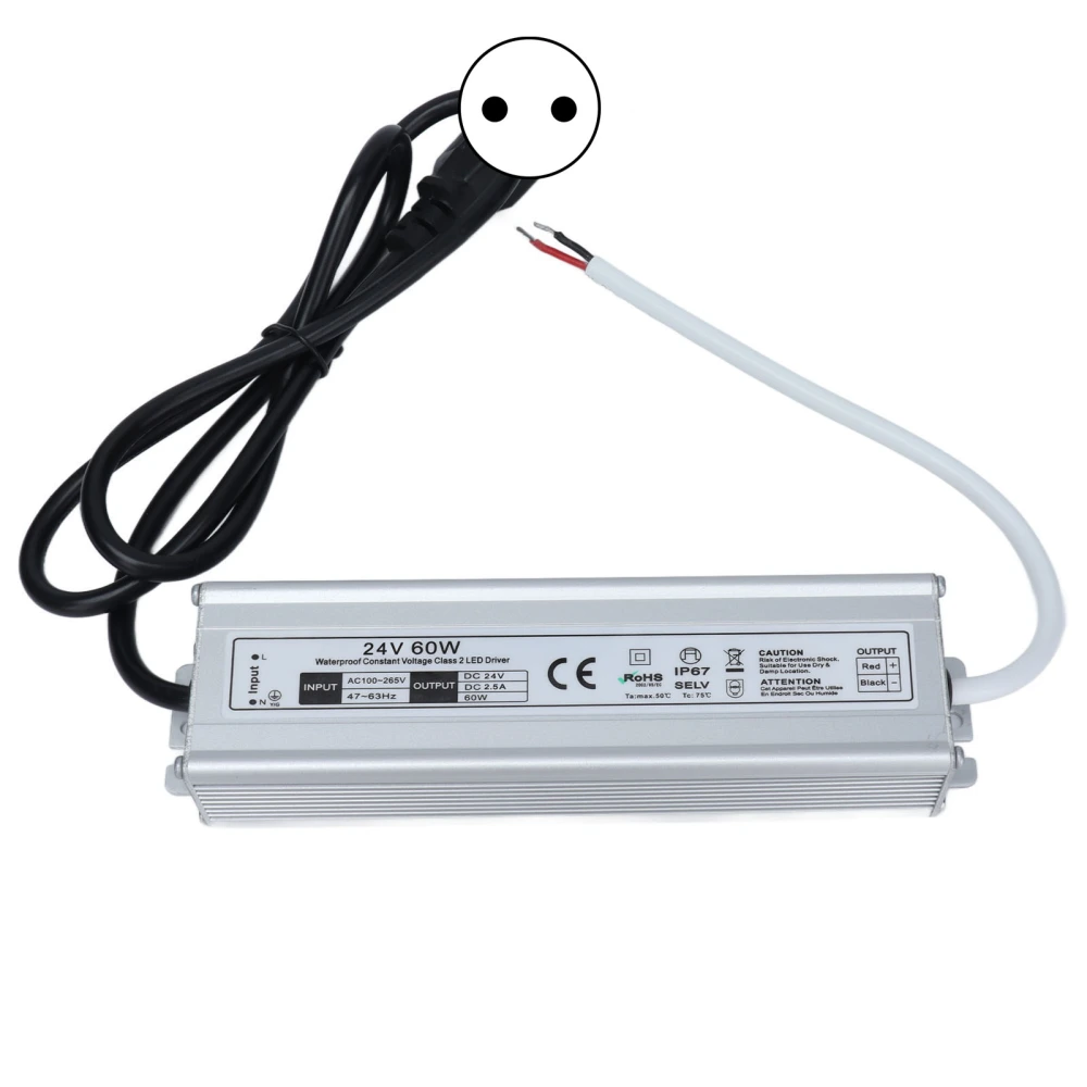 60W Waterproof Switching Power Supply IP67 LED Waterproof Power Supply AC100‑265VEU Plug Output 24 V