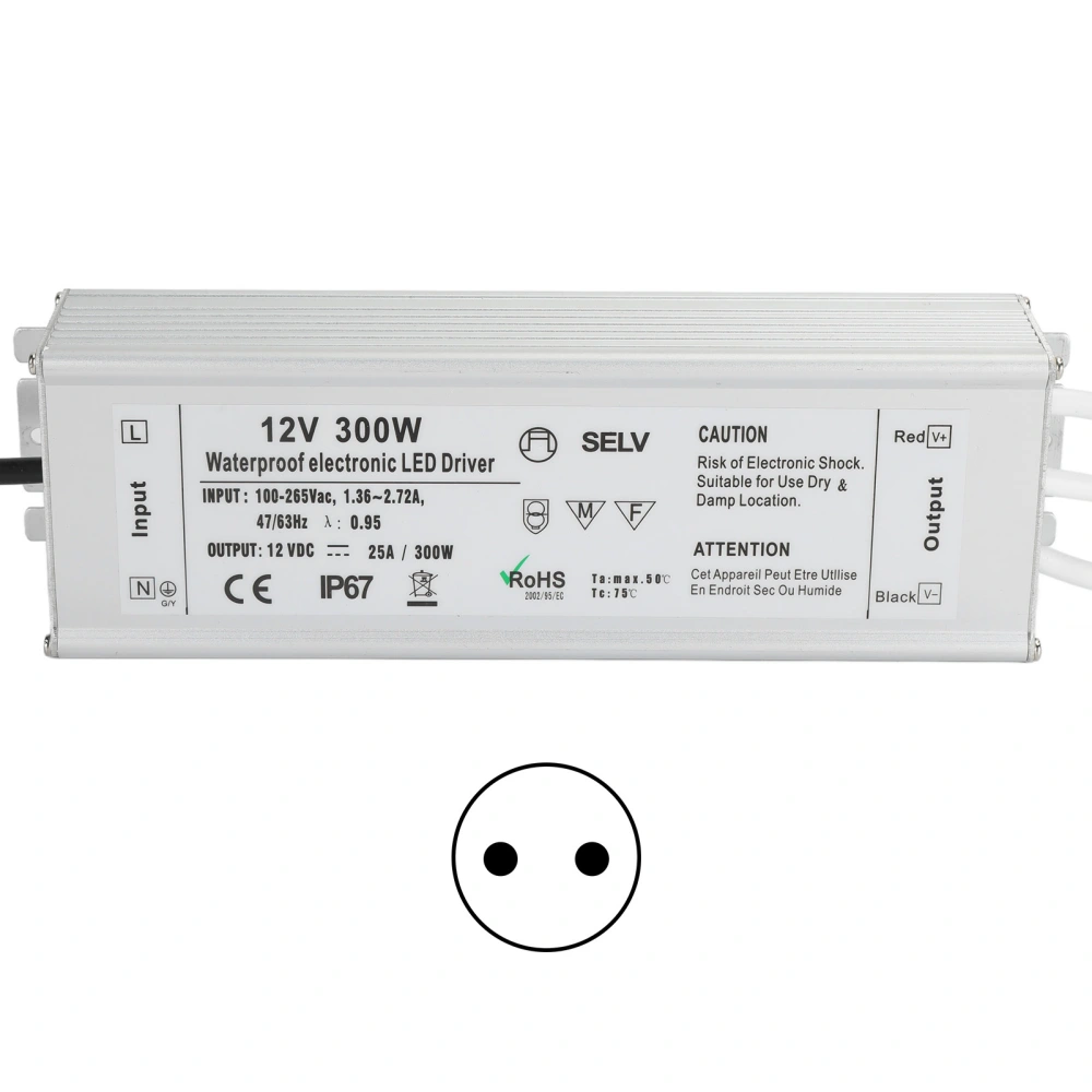 LED Driver Waterproof IP67 Constant Voltage Power Supply Transformer Adapter 300W AC100‑265VEU Plug 12V 0‑25A Output