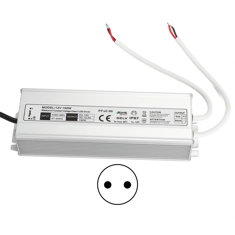 LED Driver Waterproof IP67 Constant Voltage Power Supply Transformer Adapter 150W AC85‑265VEU Plug 12V 0‑12.5A Output