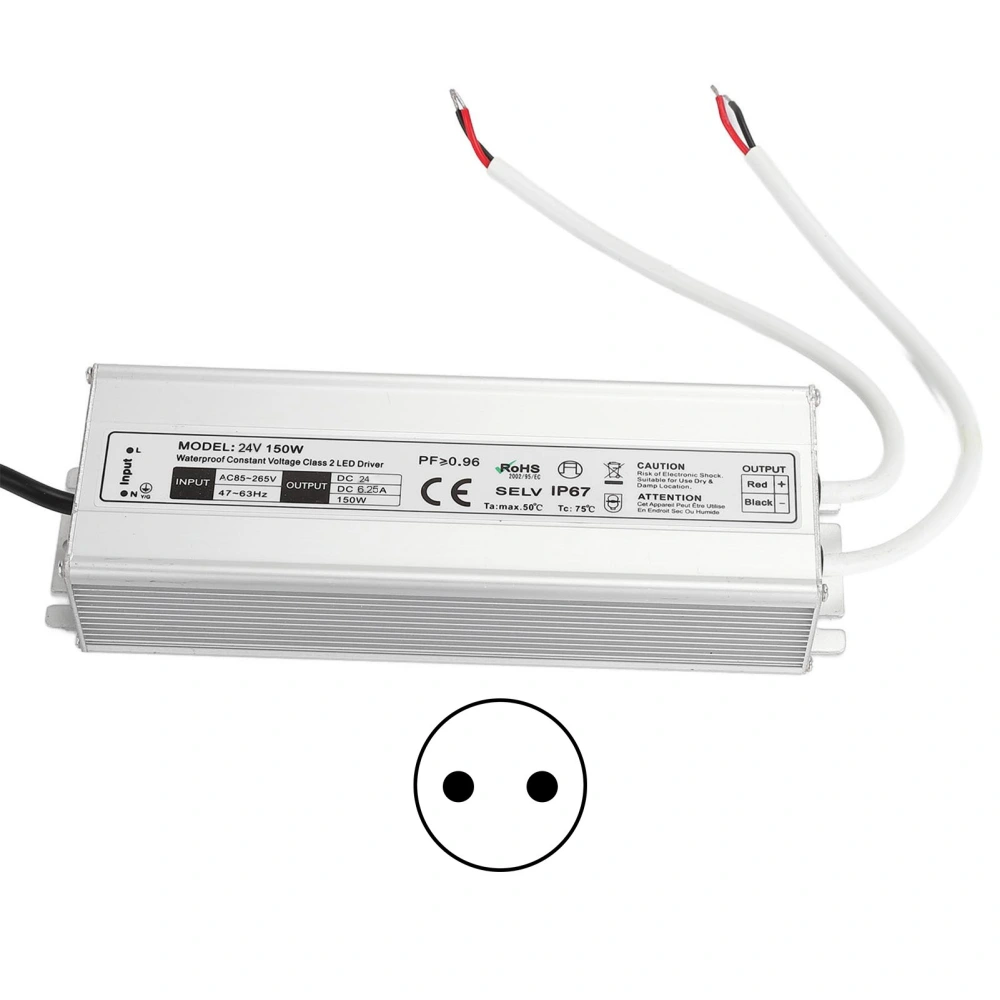 LED Driver Waterproof IP67 Constant Voltage Power Supply Transformer Adapter 150W AC85‑265VEU Plug 24V 0‑6.25A Output