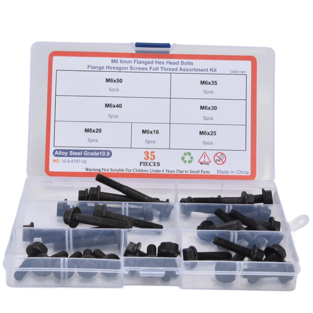 35Pcs Flange Bolt M6 10.9 Level Carbon Steel Hex Bolts Assortment Set Kit Black for Connection