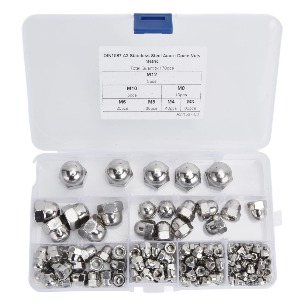 170Pcs Acorn Nuts Dome Head 304 Stainless Steel Caps Nut Assortment Kit for Industry