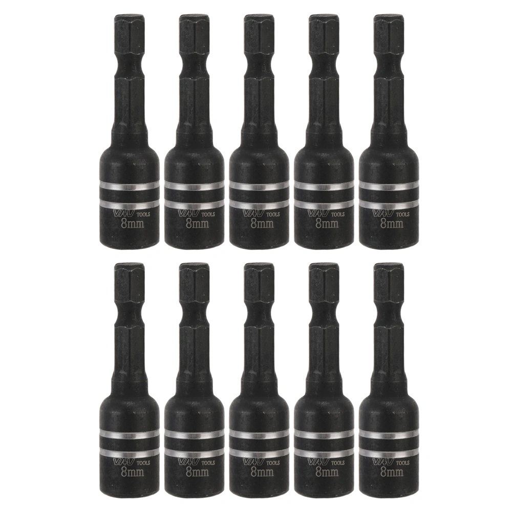 10Pcs Power Nut Driver Hex Magnetic Bit Set Socket Impact Drill Bits M8x48mm 1/4in ShankBlack